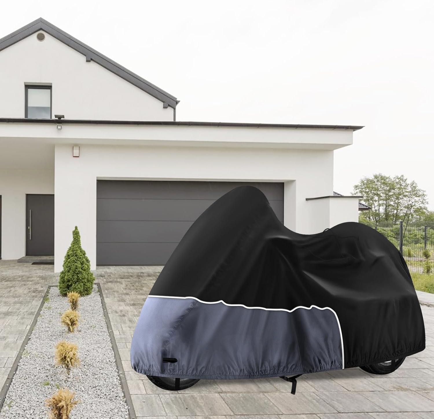 Trike Cover, Waterproof 3 Wheel Motorcycle Cover for Harley Davidson, Honda Goldwing, Kawasaki Trike Accessories, with Windproof Buckle, Reflective Strap, Black&Grey
