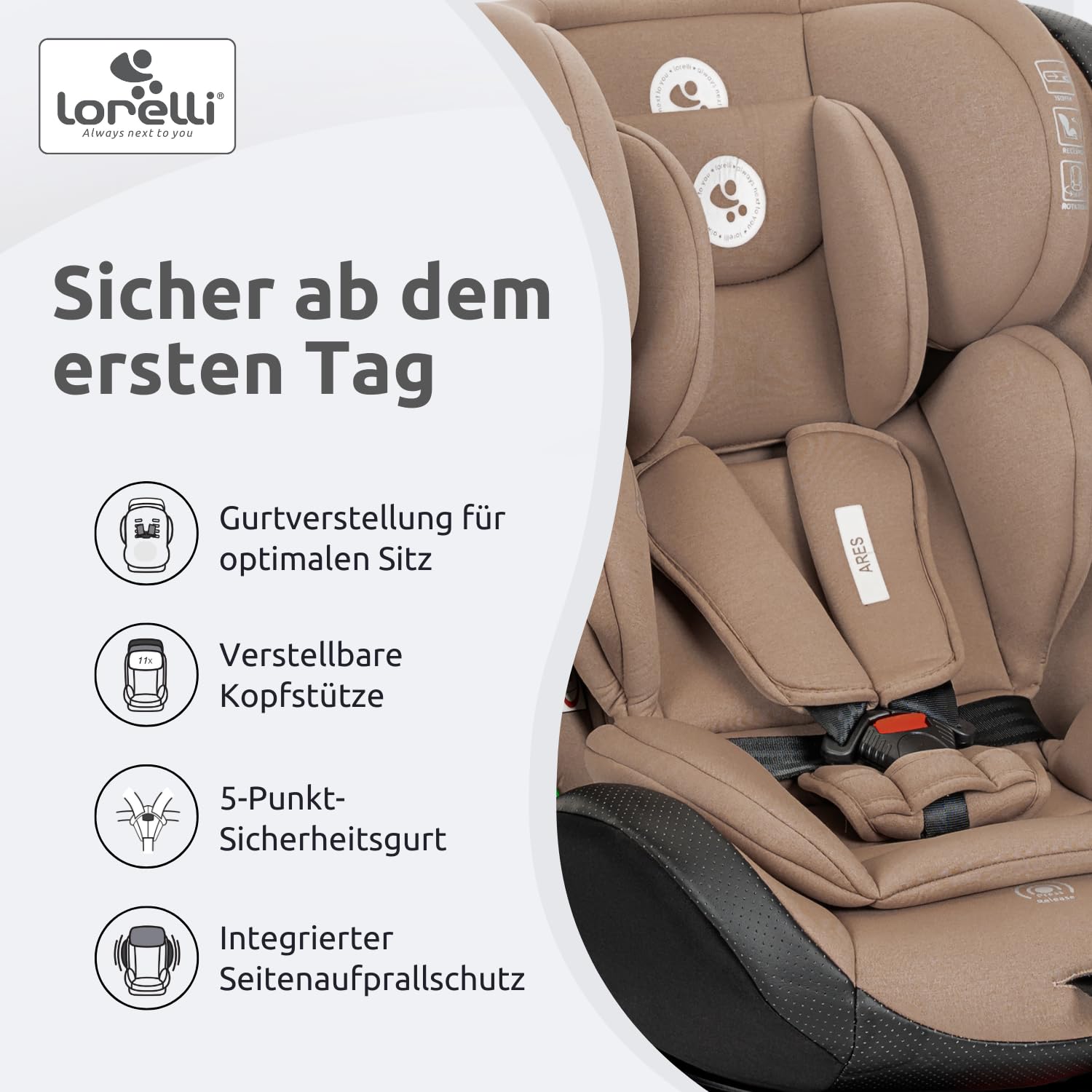 Lorelli Samochodowy fotelik dziecięcy Ares z Isofix, obracany o 360 stopni, (0-36 kg), rosnący wraz z dzieckiem i-Size 40-150 cm – grupa 0+/1/2/3, fotelik dziecięcy od urodzenia, 5-punktowy pasek,
