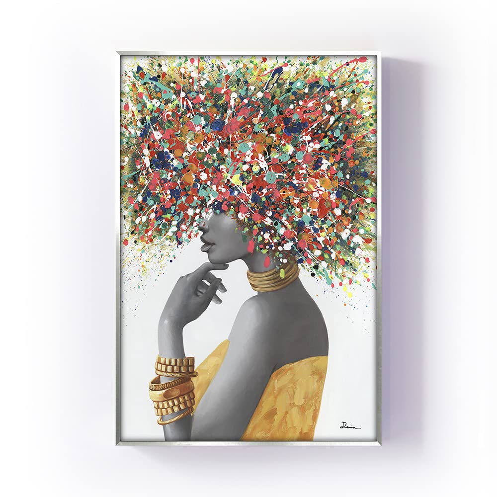 Hand-painted African American Wall Art -Black Art Paintings for Wall -Graffiti Canvas Wall Art for Living Room Bedroom Office Decor - Colorful Black African Woman Painting with Floating Framed 24"x36"