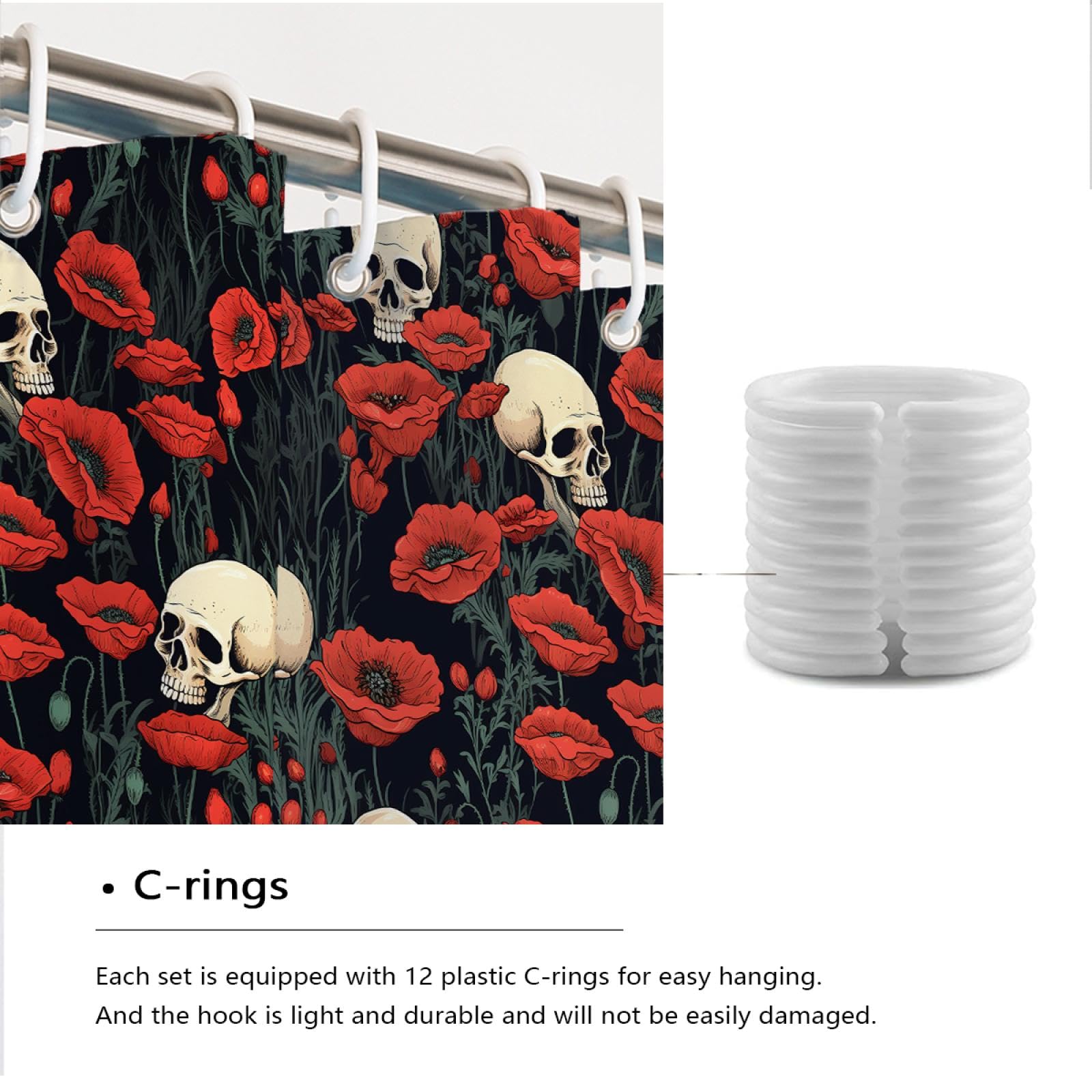Halloween Duschvorhang Totenkopf Mit Rosen – Schwarz-rot, 180x180 Cm, Wasserdicht Mit Haken