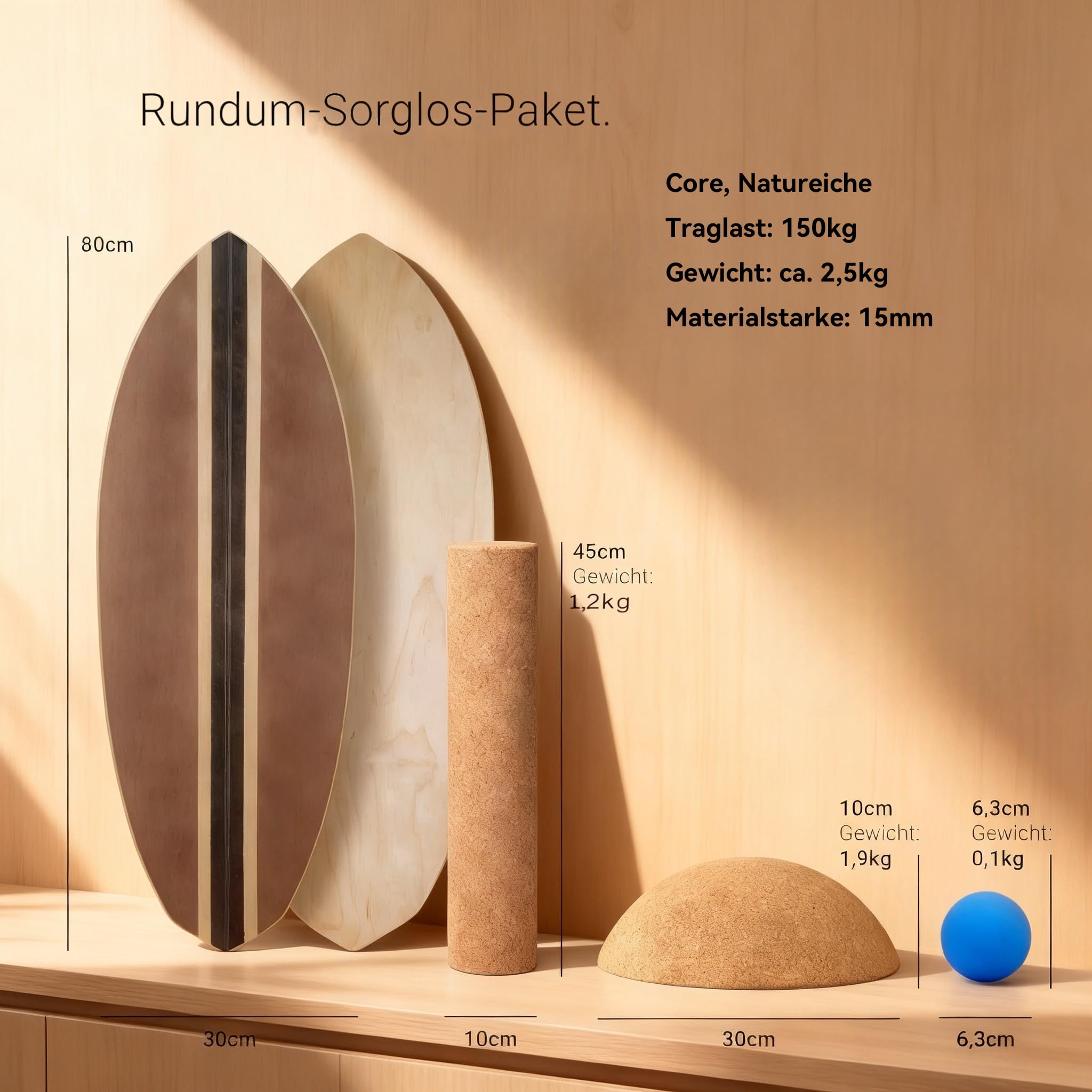 Holz Balance Board mit Rolle & Halbkugel -Gleichgewichtstraining für Erwachsene - Inkl. Trainingsball & Anleitung - Verbessert Koordination&Muskelkraft