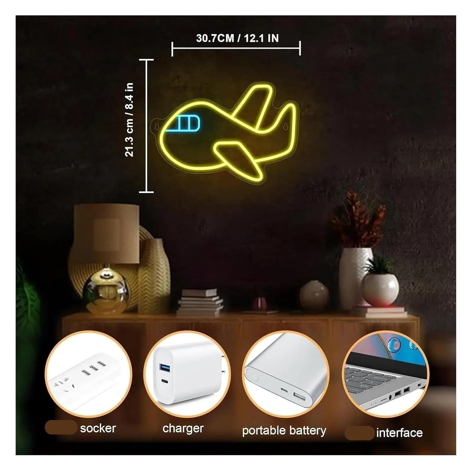 Avión para decoración de fiestas con letrero neón, luz LED regulable para