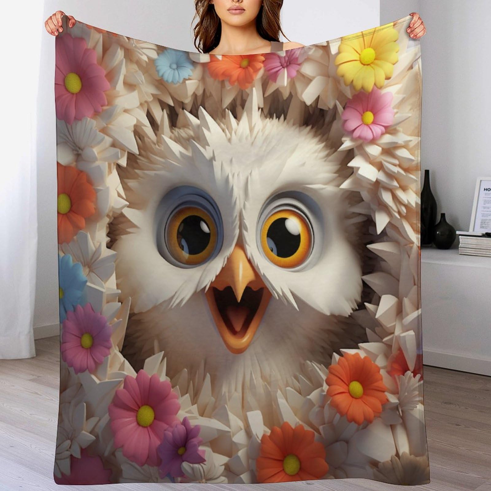Couverture flannel super douce : plaid couvre-lit motif hibou moelleux