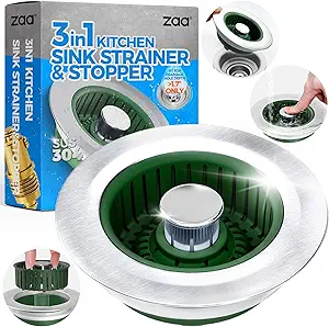 Upgraded 3in1 Kitchen Sink Drain Strainer & Sink Stopper, Stainless Steel Kitchen Drain Plug & Cover with Anti-Clogging Basket Strainer, Fit US Standard 3-1/2'' Sink Drain Hole, OliveGreen