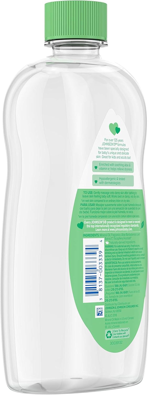 Johnson's Baby Oil Mineral Oil Enriched with and Vitamin E, 22347, Aloe Vera VE, 20 Fl Oz : Baby