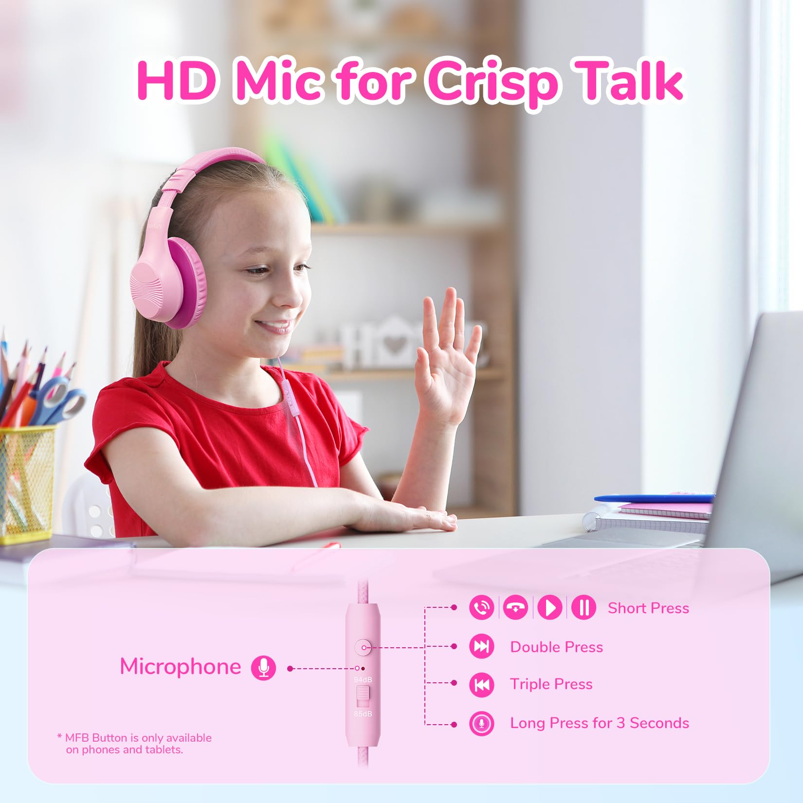 EarFun Auriculares para Niños con Micrófono, Cascos Infantiles con Cable Jack 3,5 mm, Volumen Limitado 85/94 dB, Sonido Estéreo HD, Diadema Plegable para Pad, Tabletas, La Escuela, Rosa