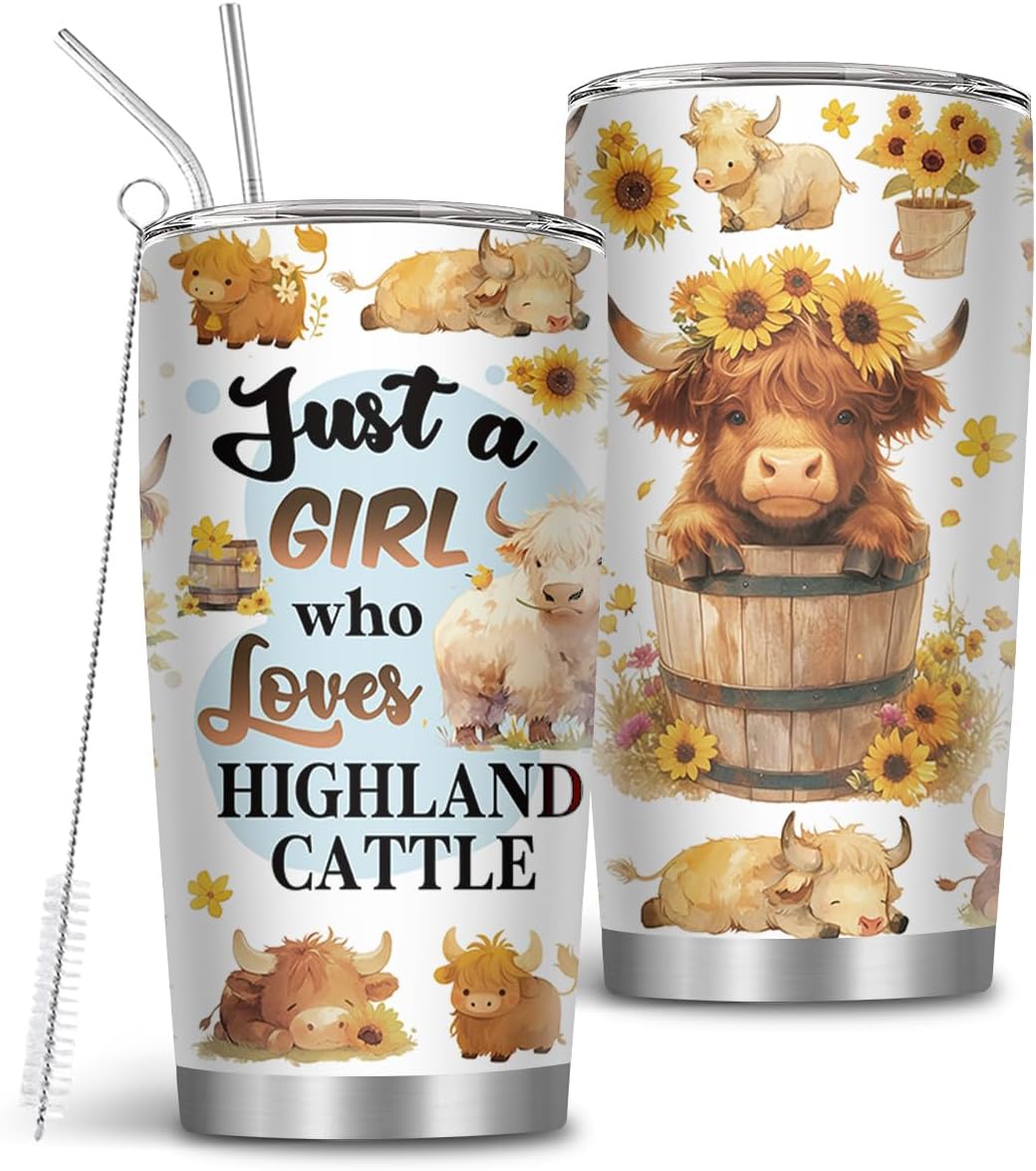 MoYueno Highland Cow Gifts, Highland Cows Cup Tumbler Travel Mug with Brush & Straw 20 Oz, Cute Cow Gifts for Women Girls Mom Friends Lovers Cowgirl, Farming Gift for Christmas Birthday, 1 PCS