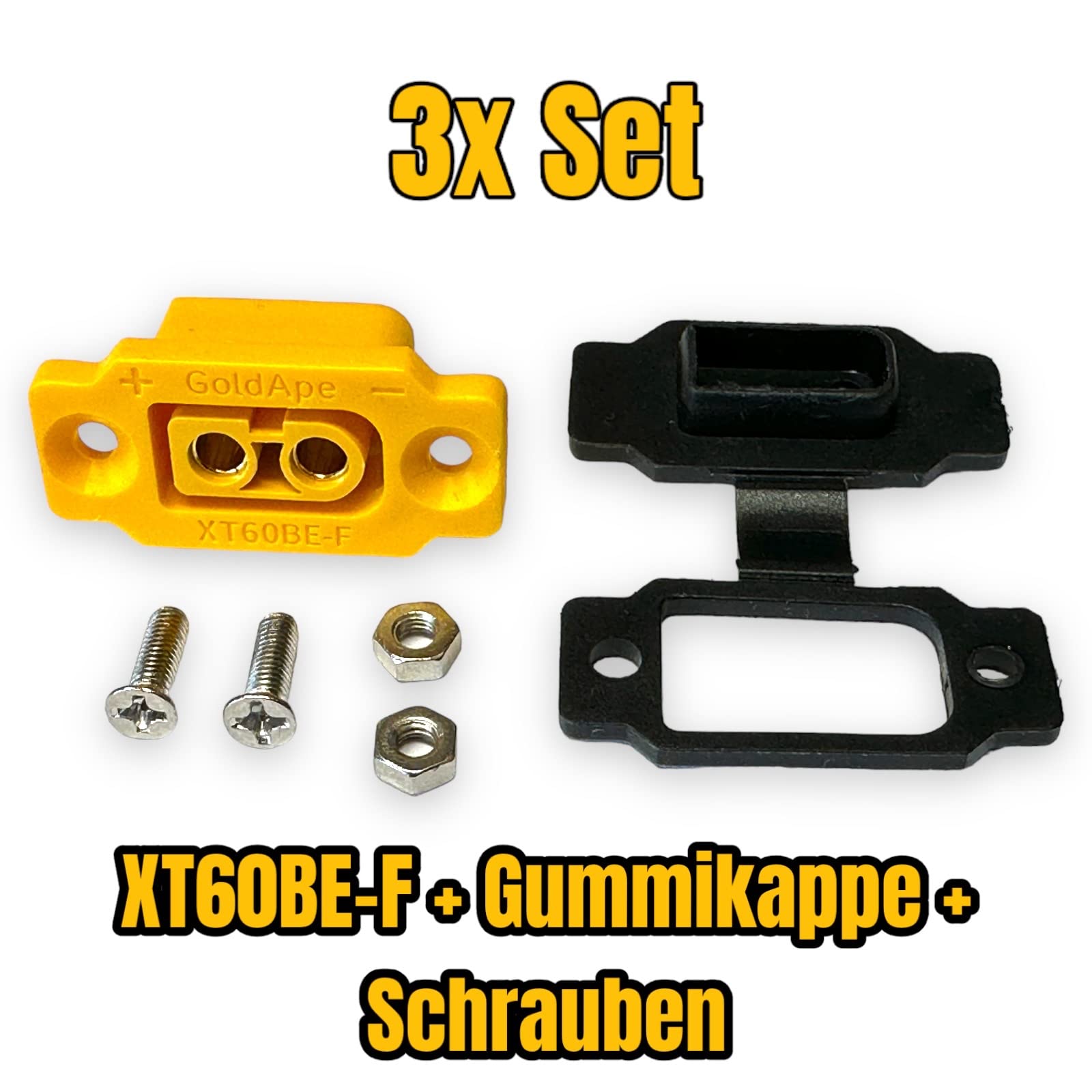 3 sztuki XT60E-F wtyczka do zabudowy z gumową nasadką + śrubami, wodoodporna, do akumulatora Lipo kompatybilna ze wszystkimi wtyczkami XT60, złota wtyczka 2-pinowa