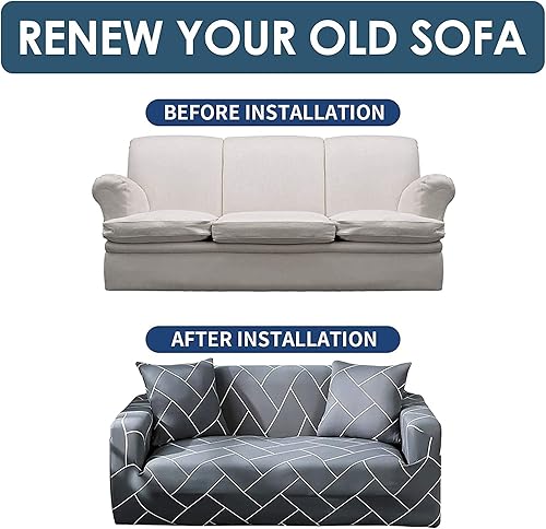 Miniatura 3 de Fundas elásticas para sofá de 2 plazas estampadas, funda de sofá universal de 2 plazas con 1 funda de almohada (M, línea gris claro)