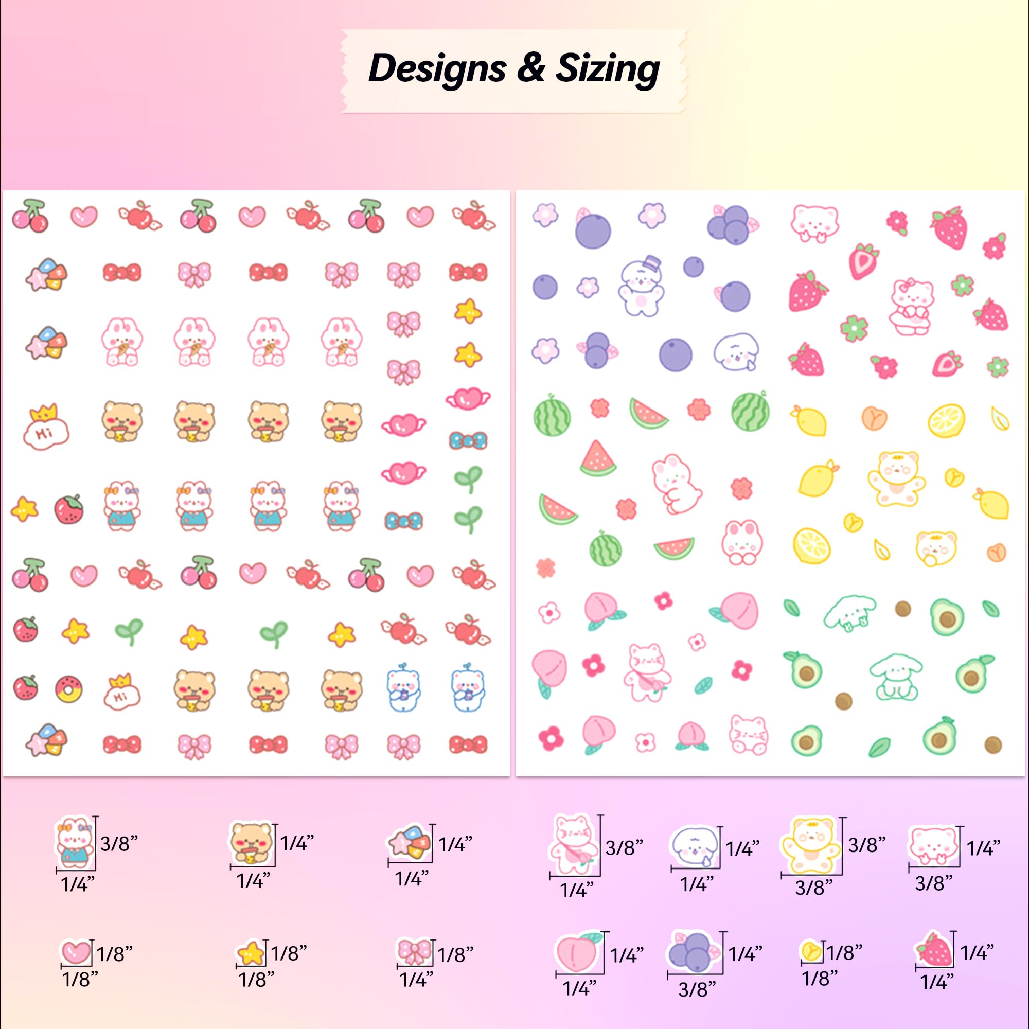 10 fogli di adesivi per unghie 3D, 719 simpatiche decalcomanie per unghie in rilievo, per bambini, tema Kawaii, farfalle, fiori, gatti, conigli, stelle, frutta, luccicanti