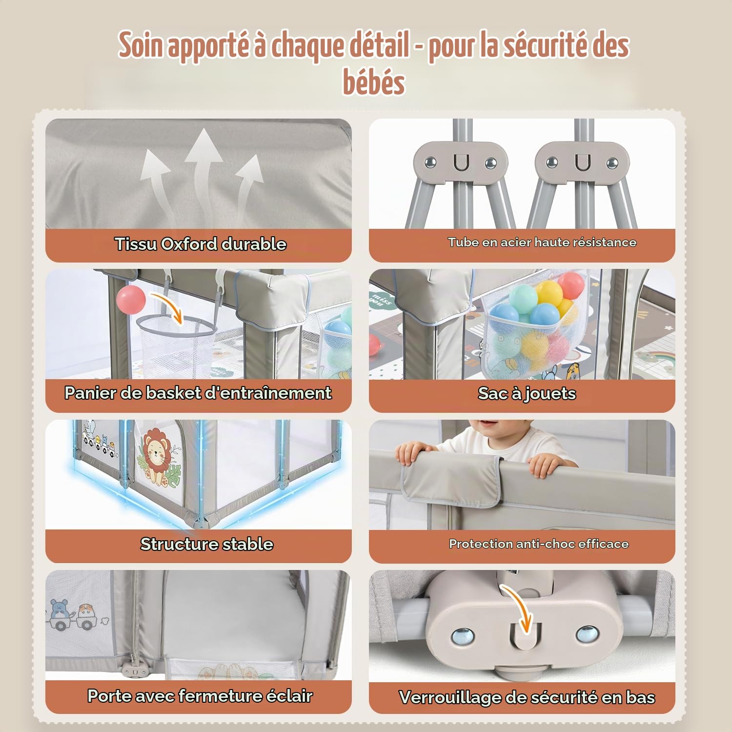 Parc Bébé Pliable 150x150x70 avec Tapis, Jusqu'à 40KG, Parc Bebe 360° Filet Respirant, Ventouse Base, Sûr et Portable Centre d'Activités pour Enfants, Adapté Intérieur Extérieur, Lion