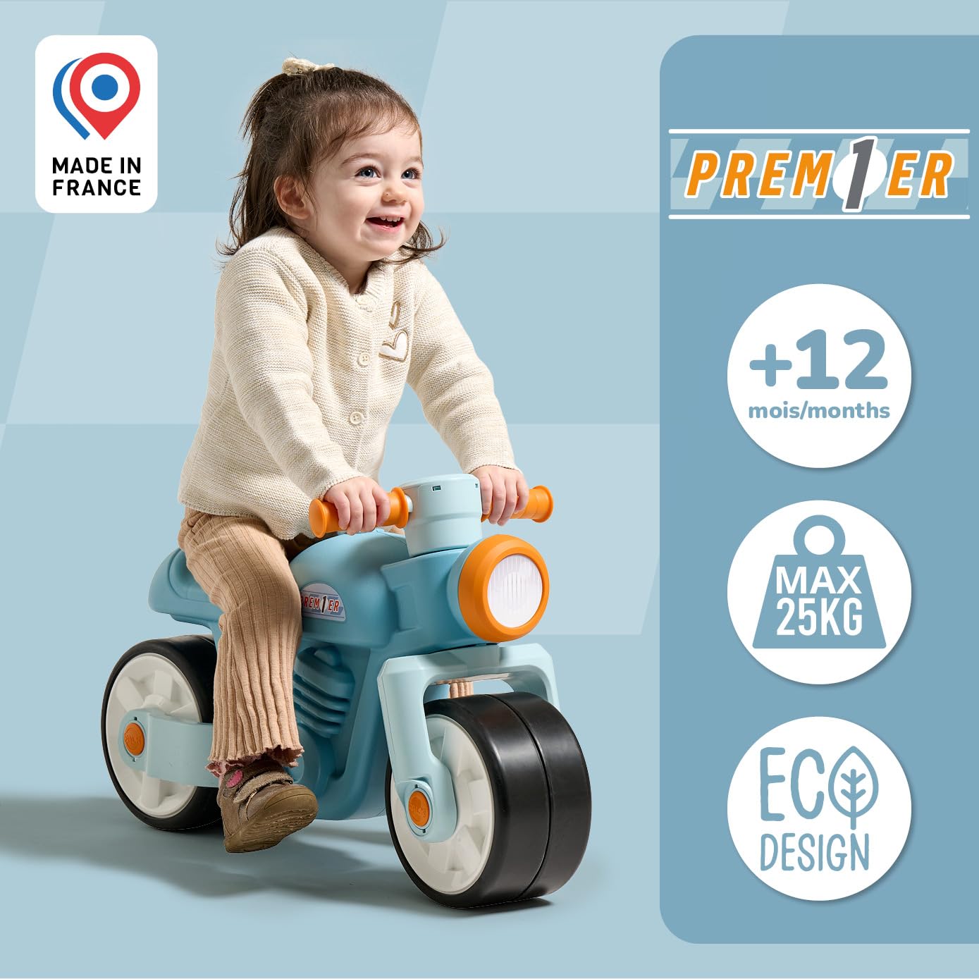 FALK - Draisienne Moto Prem1er - Blu - Ruote extra larghe e silenziose - Manubrio direzionale - Look Vintage - Contiene almeno il 75% di plastica riciclata - Made in France - Da 12 mesi - 452S
