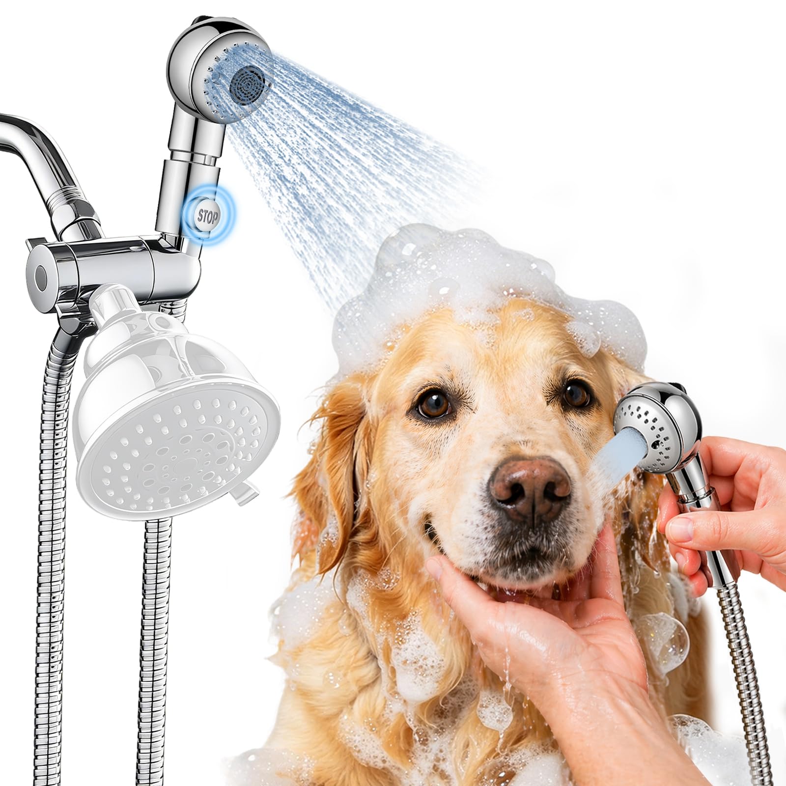 GUSTANO quiet dog shower attachment with palm-size design and long hose