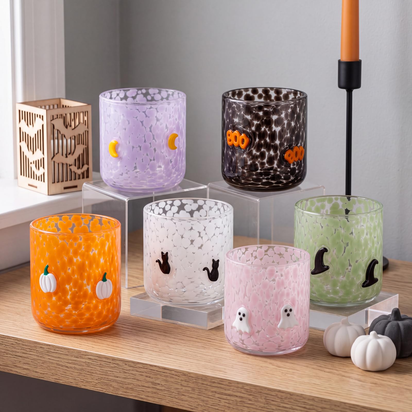 Hushee 6 PCS Halloween Icon Juice Glasses, 16oz Icon Stemless Cup