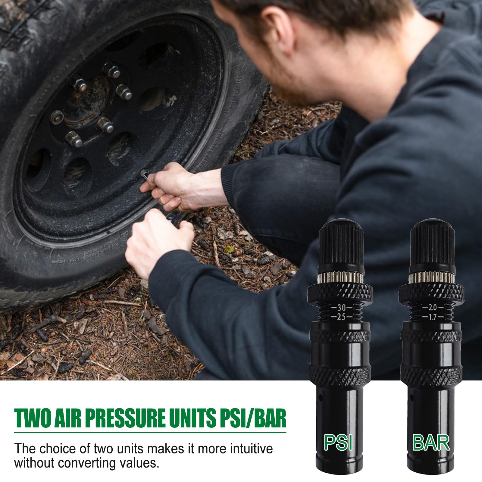 Zawór spustowy opon, automatyczny zestaw do spustu opon, regulowany zawór spustu opon z automatycznym zatrzymaniem, 10-30 PSI, deflatory ciśnienia w oponach, zawór odpowietrzający do samochodu, SUV-a,