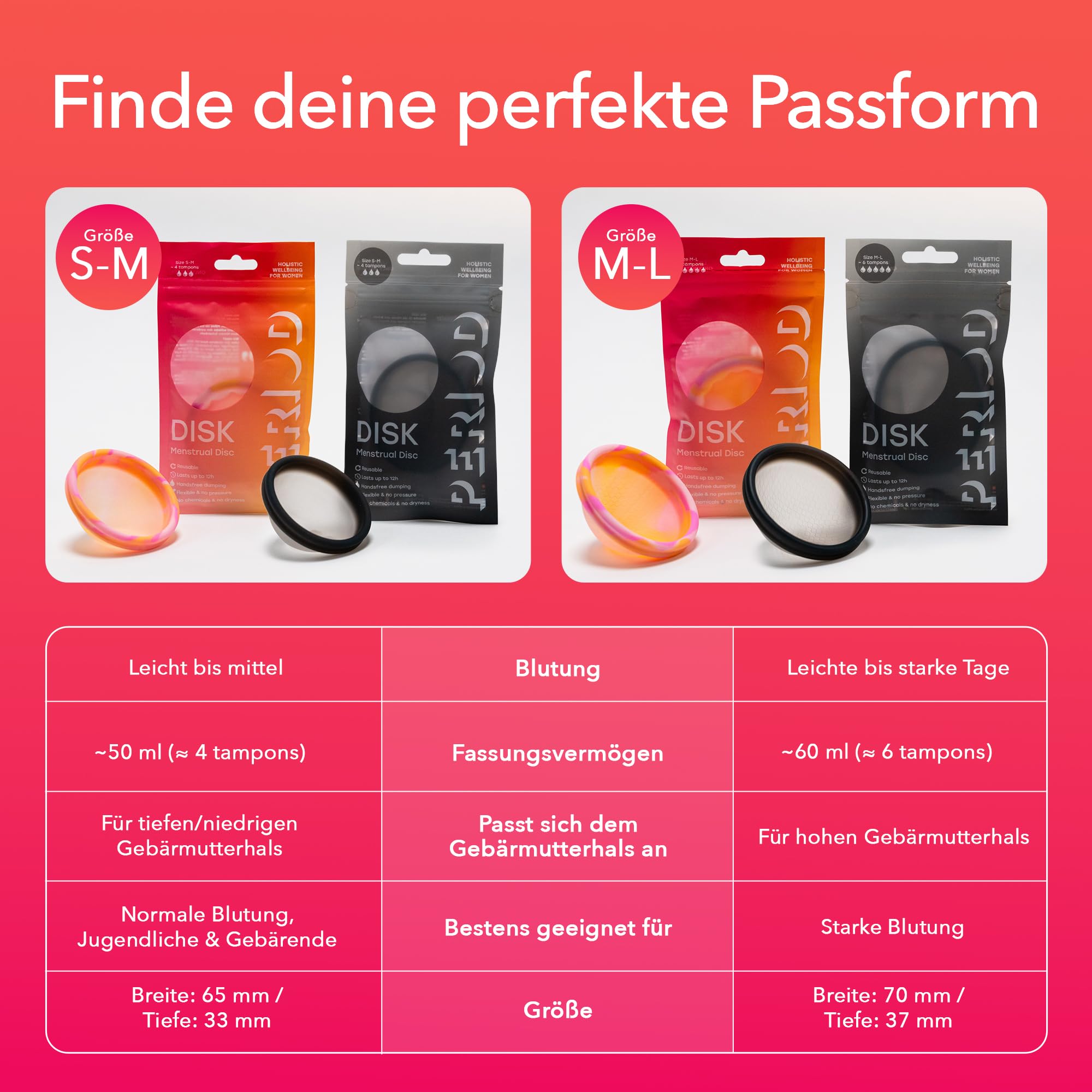 PERIOD Wiederverwendbare Menstruationsdisk – Menstruationsscheibe aus platinvernetztem medizinischem Silikon, mit automatischer Entleerungsfunktion – komfortabel für alle Phasen der Menstruation, M/L