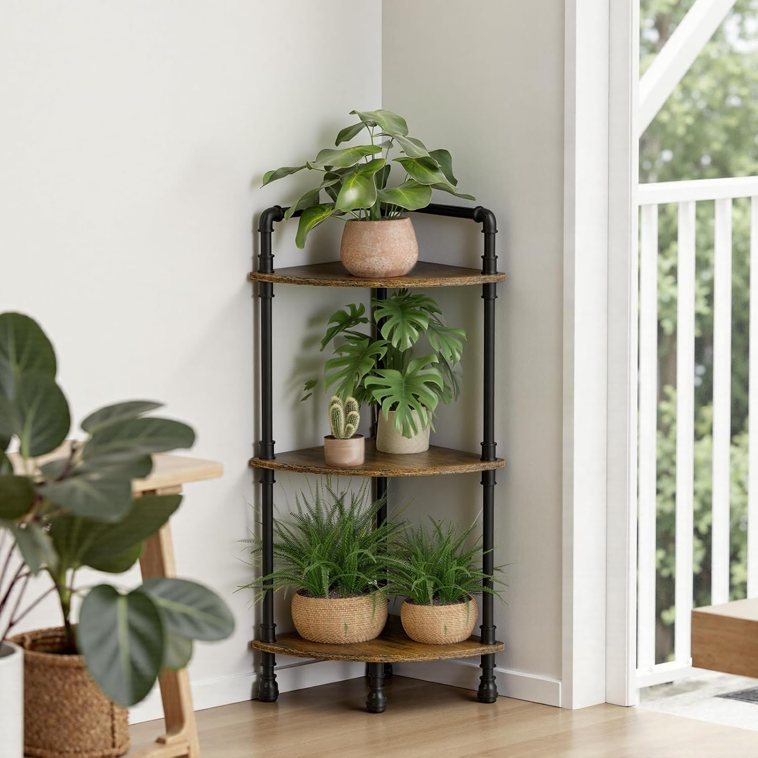 Aduanbang Fun Memories 3-Tier Corner Shelf Stand, Grey Storage Bookshelf for Bathroom, Living Room, Kitchen, Home Office (Brown(3 Tier))