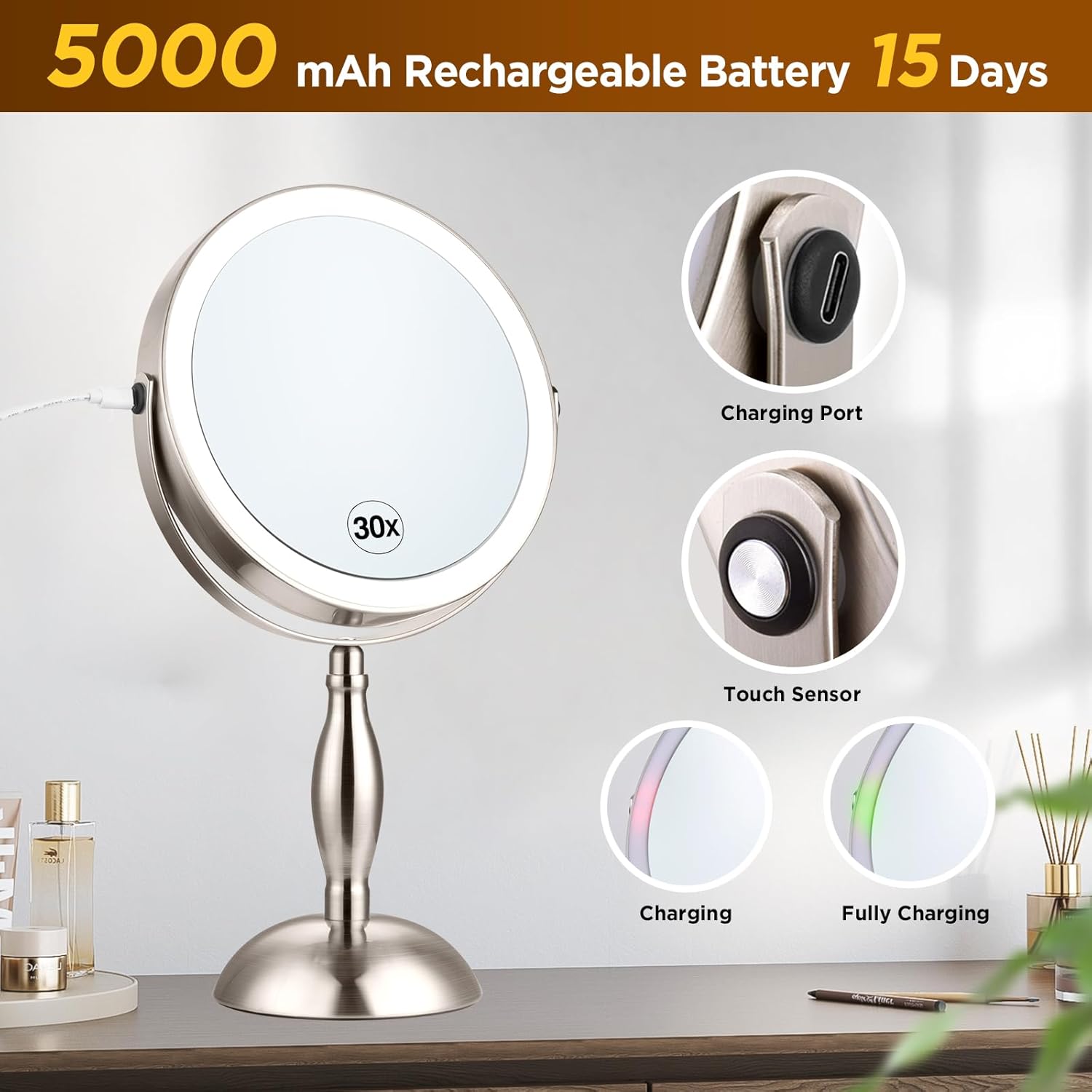 Makeup Mirror with Light, 30x Magnifying Mirror with 3 Lights Colors, 5000mAh Vanity Mirror Brushed Nickel - 360° Rotation, Brightness Adjustable Magnification, Modern Style Side Touch + Side Charge - Image 6