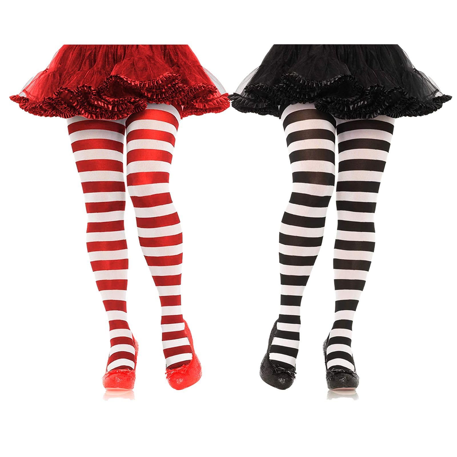 2 PCS Kids Black White Stripe & Red White Stripe Tights, Halloween Christmas New Year and Carnival Party Accessory, for Children's Tights and Petticoats Fancy Dress(6-14Years)