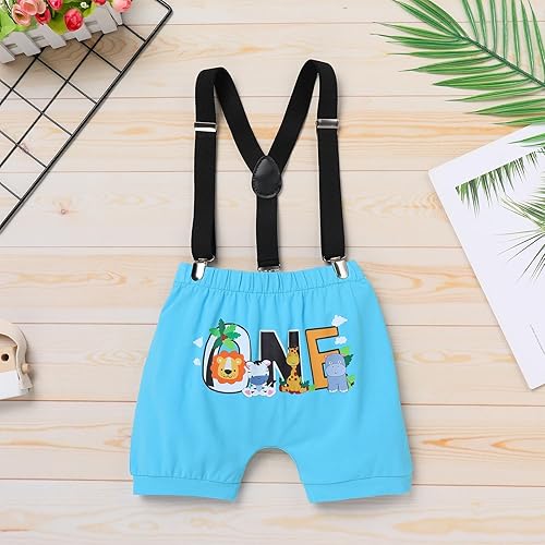 Miniatura 5 de IBTOM CASTLE Traje de 1er cumpleaños para bebé niño, mameluco de animales del bosque de la selva, bombachos y tirantes, 3 piezas, ropa para