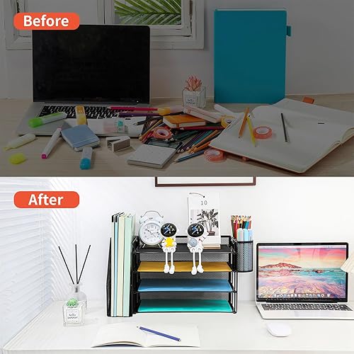 Miniatura 5 de COMFYROOM Organizador de escritorio con soporte para archivos, organizador de bandeja de papel de 4 niveles con 2 soportes para bolígrafos,
