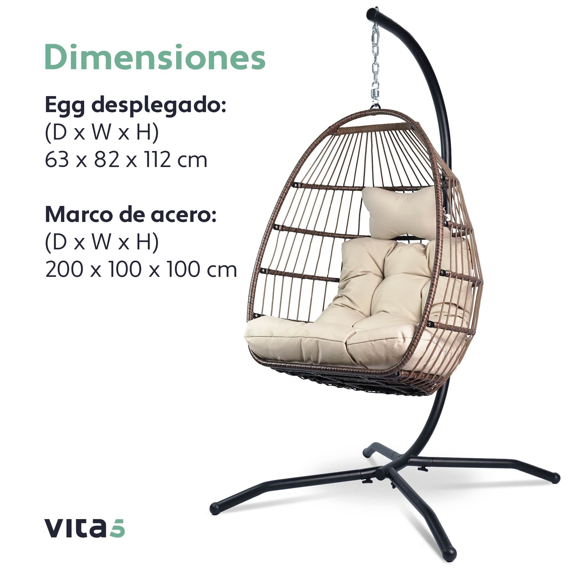 Vita5 Silla Colgante de Jardín – Silla Huevo con Cojìn y Almohadilla para Descansar - Columpio Colgante para Interior y Exterior - Silla Plegable - Estructura Metálica Carga máx. 150 kg - Beige-Marrón