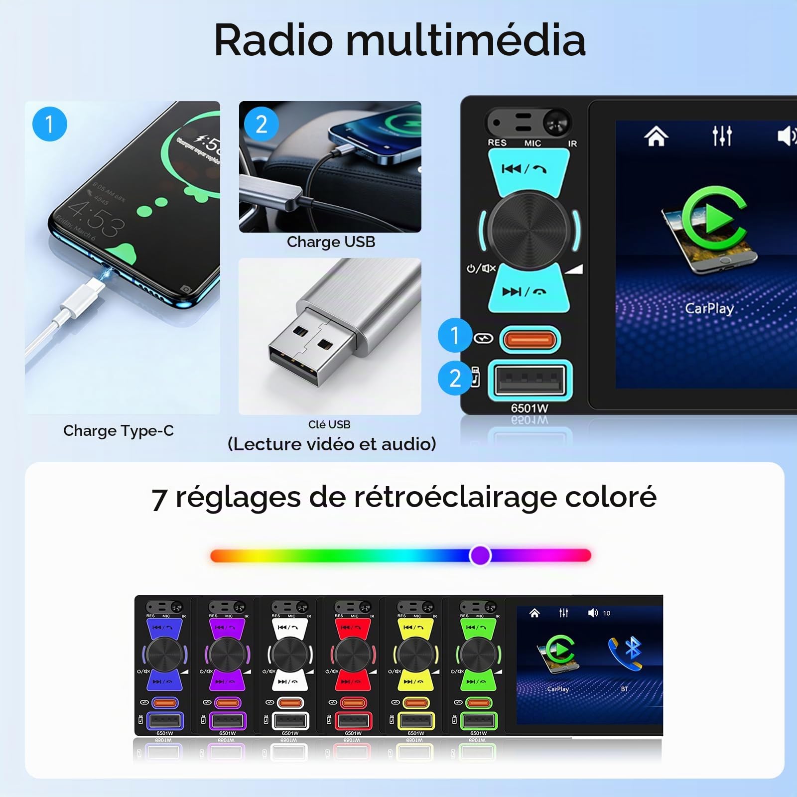 Hodozzy Autoradio 1 Din avec Carplay Android Auto sans Fil, écran Tactile 6,5 Pouces avec Bluetooth, Poste Radio Voiture Multimédia AM FM RDS MP5, Mirror Link, Type-c/USB/AUX SWC EQ, Caméra Recul