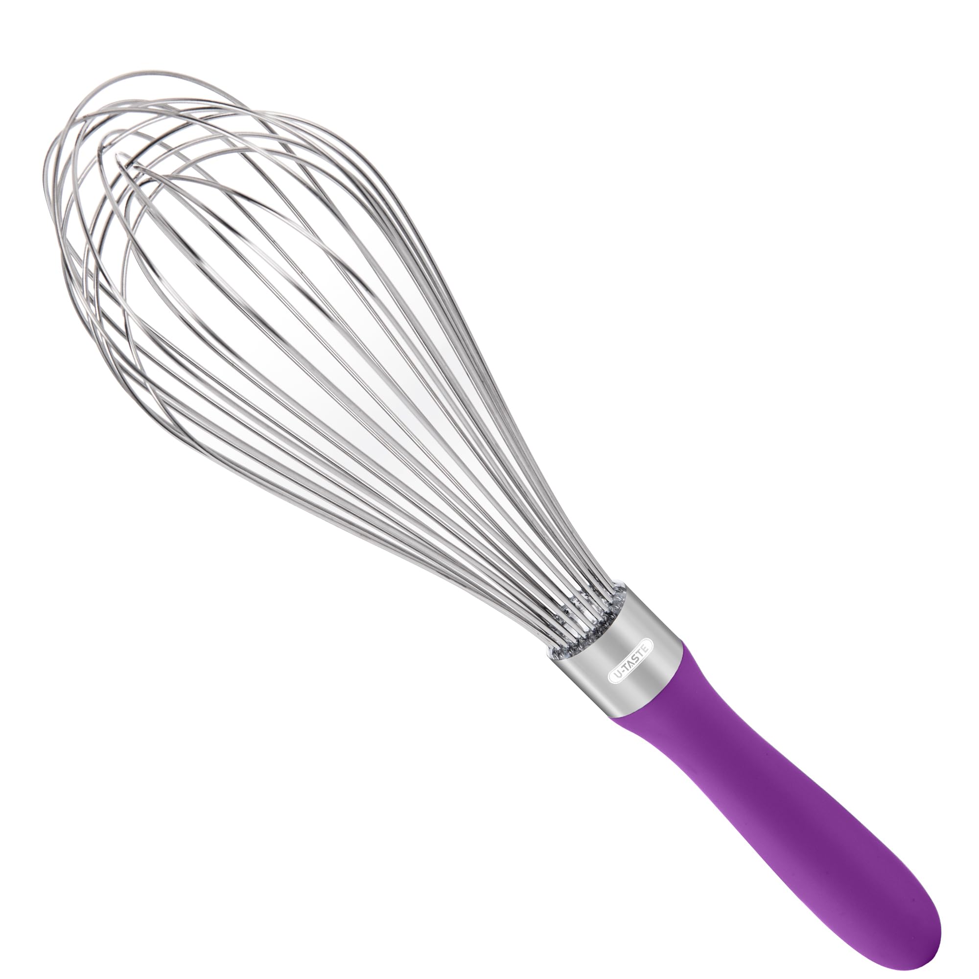 U-TasteLarge Wire Whisk for Cooking: 18/10 Stainless Steel Kitchen Balloon Whisk, Heavy Duty Egg Beater, Manual Mixing Tool with 12 Flex Wires for Stirring, Blending Sauce, Batter (Purple)