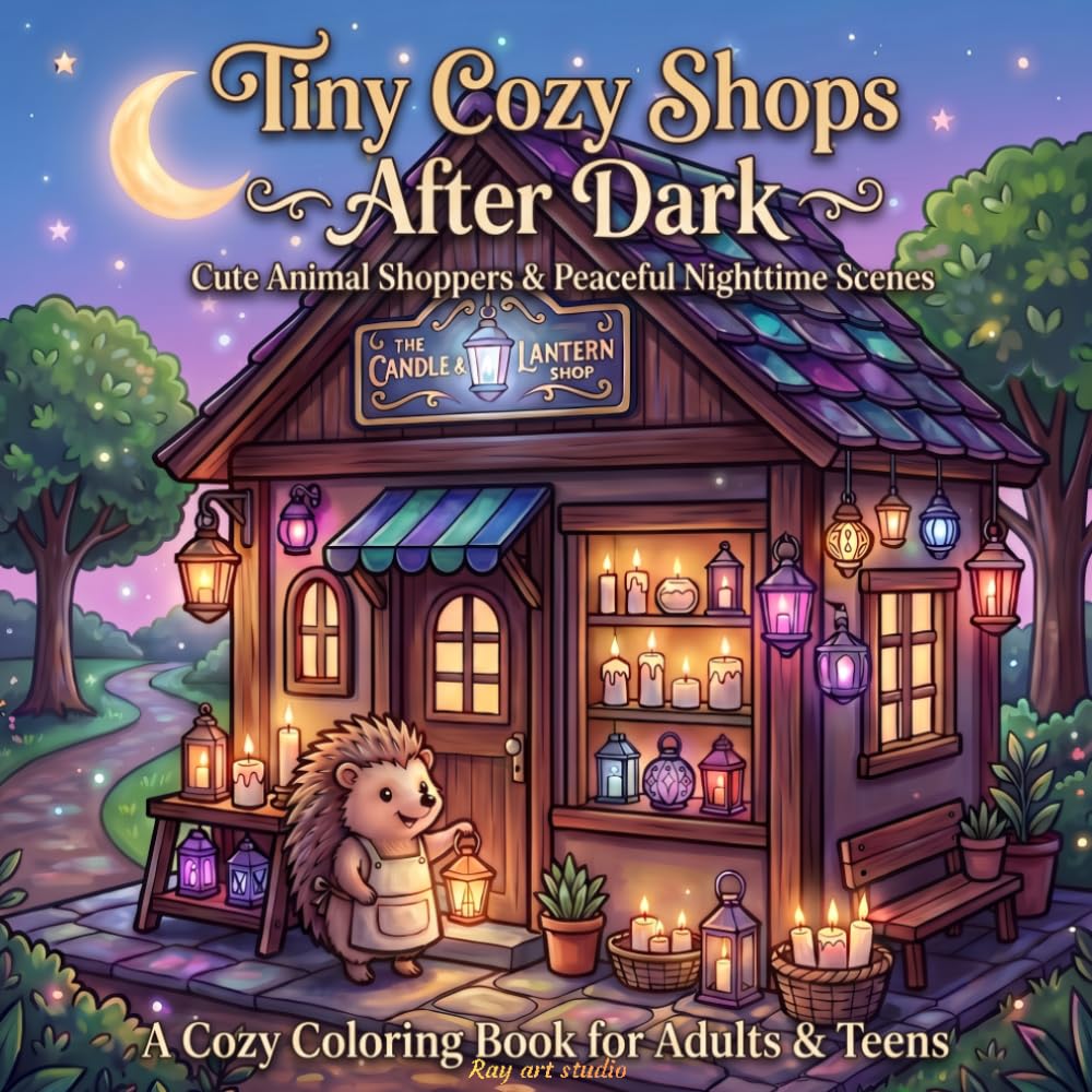 Tiny Cozy Shops After Dark: A Relaxing Coloring Book for Adults and Teens Featuring Cute Animal Shoppers, Charming Storefronts, and Peaceful Nighttime Shopping Scenes