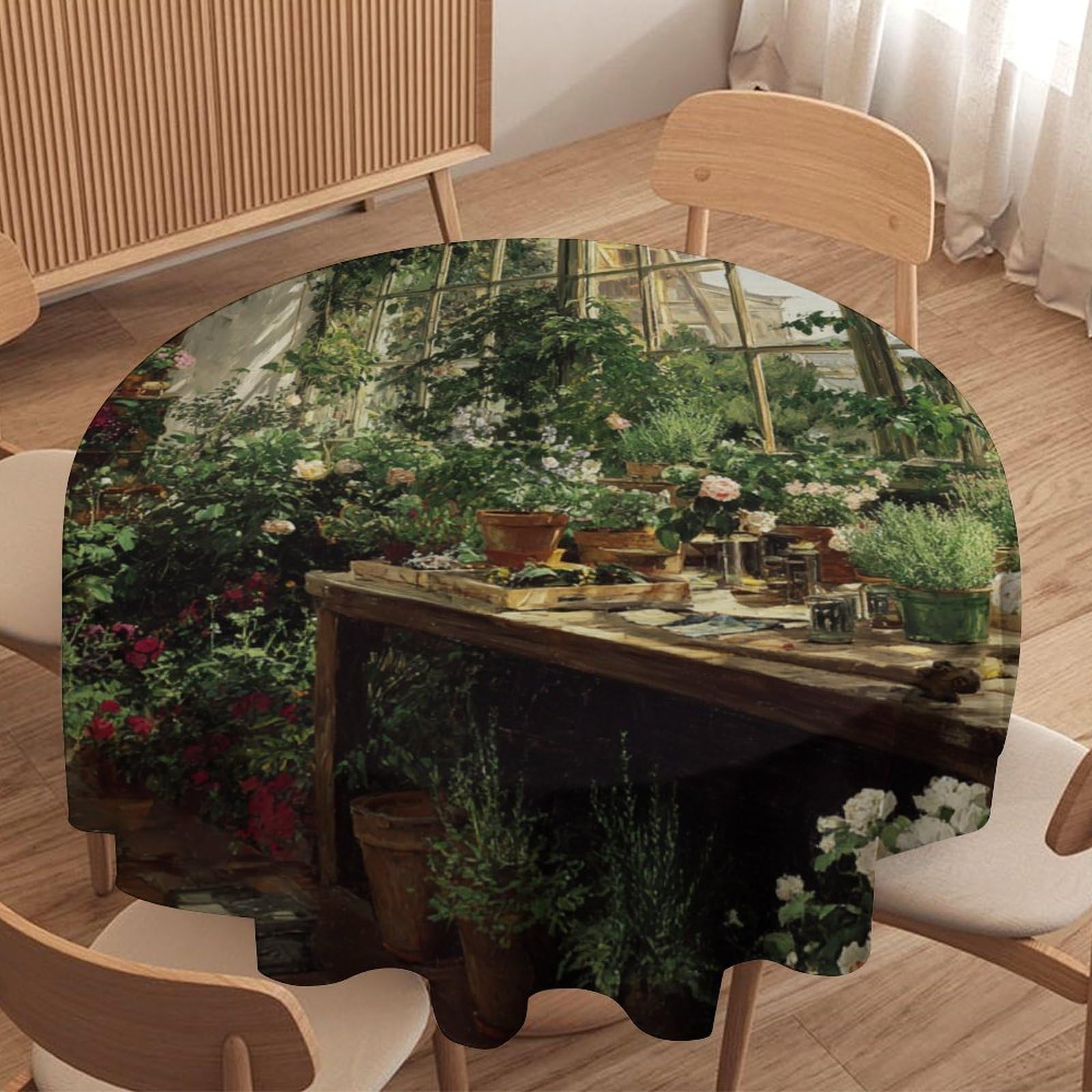 LUYYSKY Beautiful Watercolor Green Leaves Round Tablecloth Mid Century Aesthetic Botanical Plant Floral Greenhouse Pattern Washable Decor for Table Cover for Kitchen-127 Wx127 L cm