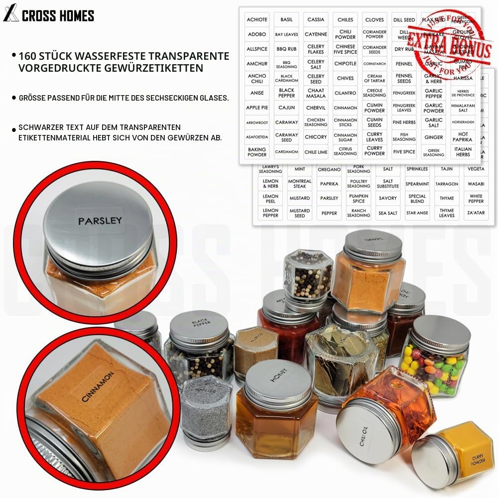 Magnetische Gewürzgläser-Kombination 21er-Set (6 große 4 oz + 15 kleine 2 oz) Kühlschrank Sechseck Glas Gewürzgläser Magnetischer Deckel Shaker Gewürzetiketten Magnetische Glas Gewürzbehälter für RV