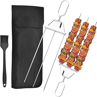 2pcs Kabob Skewers with Brush and Storage Bag,3-Prong BBQ Skewer Stainless Steel,3 Way BBQ Grilling Skewers for Grilling, Easy to Use Push Bar Slider, Kabob Sticks for Meat,Chicken,Sausages,Veggies