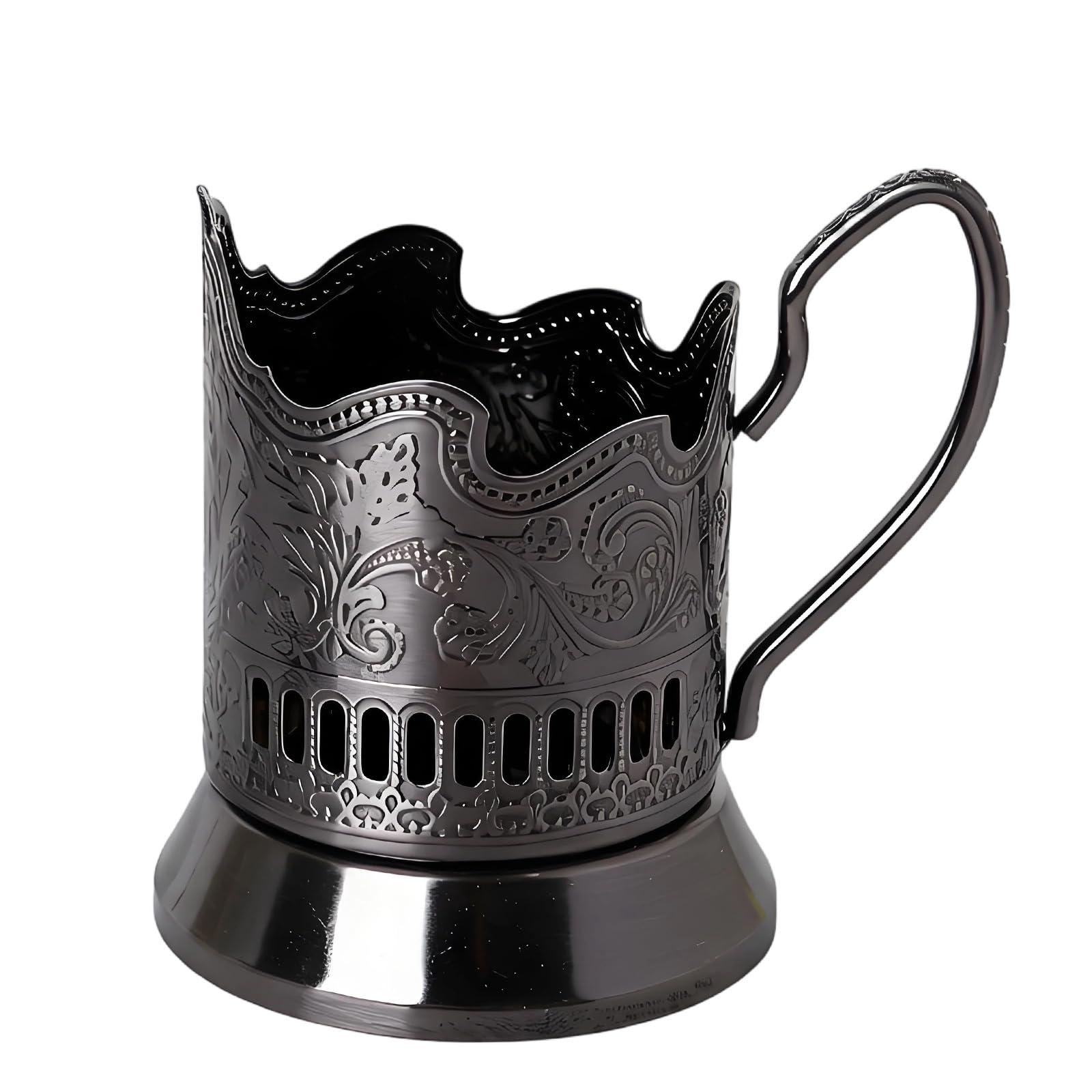 BOYANDM Ornate Iron Stand for Glasses and Mugs Featuring Russian Podstakannik Pattern with Handle Antique Cup Holders
