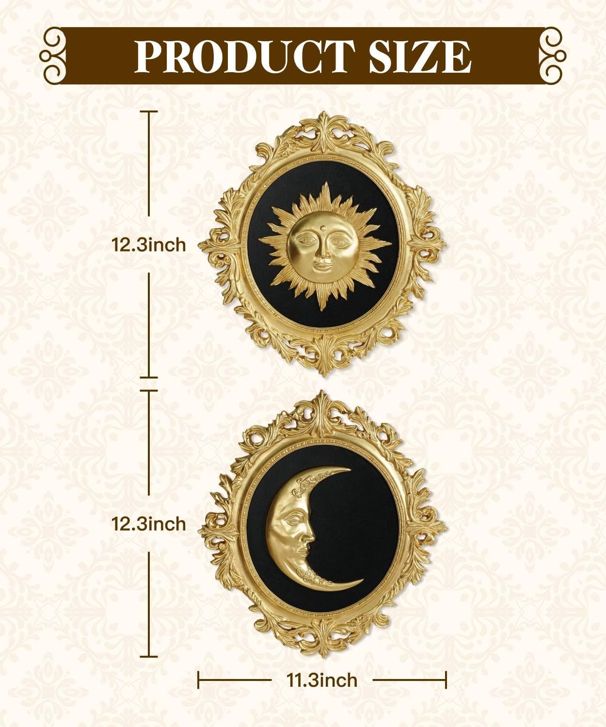 Putuo Decor Baroque Sun Moon Wall Decor Set, 2-Piece 3D Ovals Gold Resin Relief on Black Backing, Vintage Celestial Accent Wall Hanging Art for Living Room Bedroom Entryway Gallery
