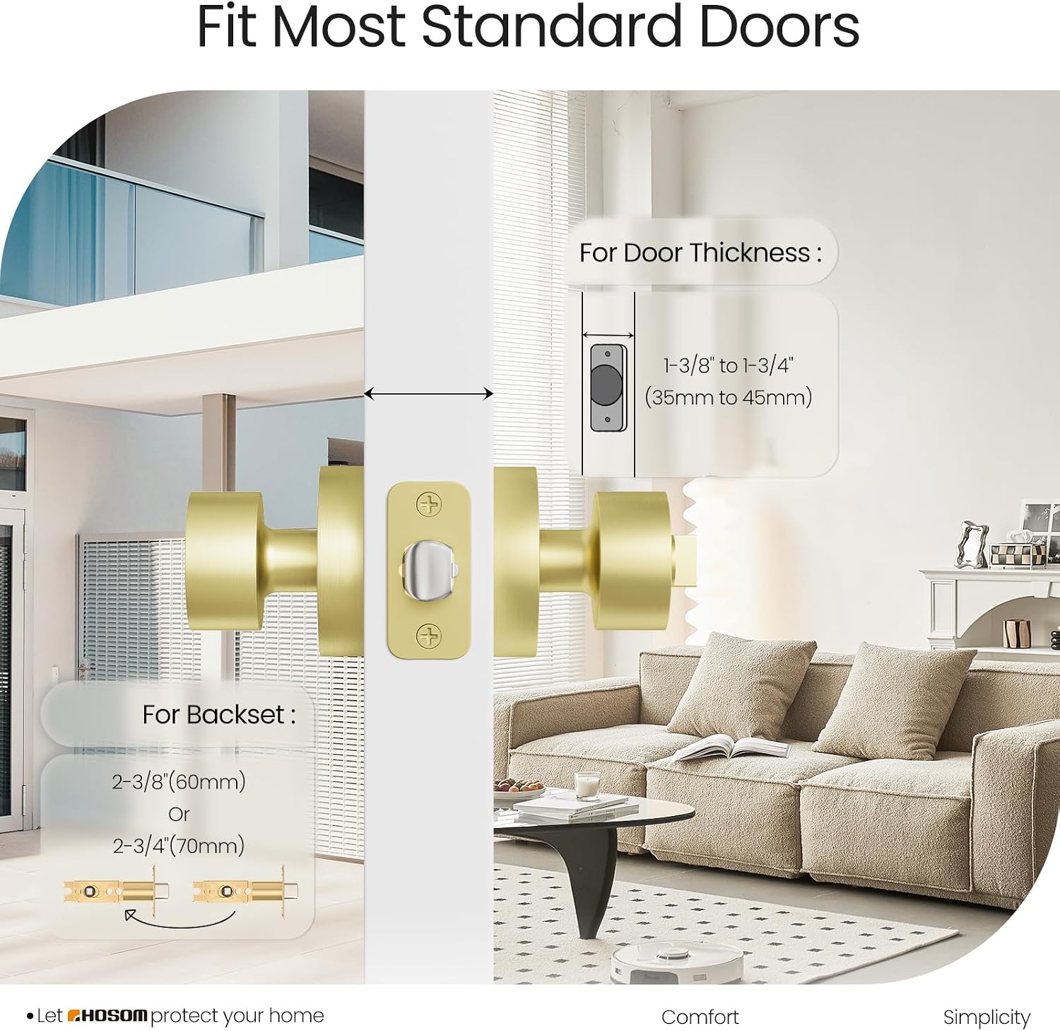HOSOM Gold Door Knobs with Lock and Key, Keyed Entry Door Knob Interior, Exterior Door Lock for Bedroom and Bathroom, Round Door Handle with Key for Commercial and Residential Area, Satin Brass 1 Pack