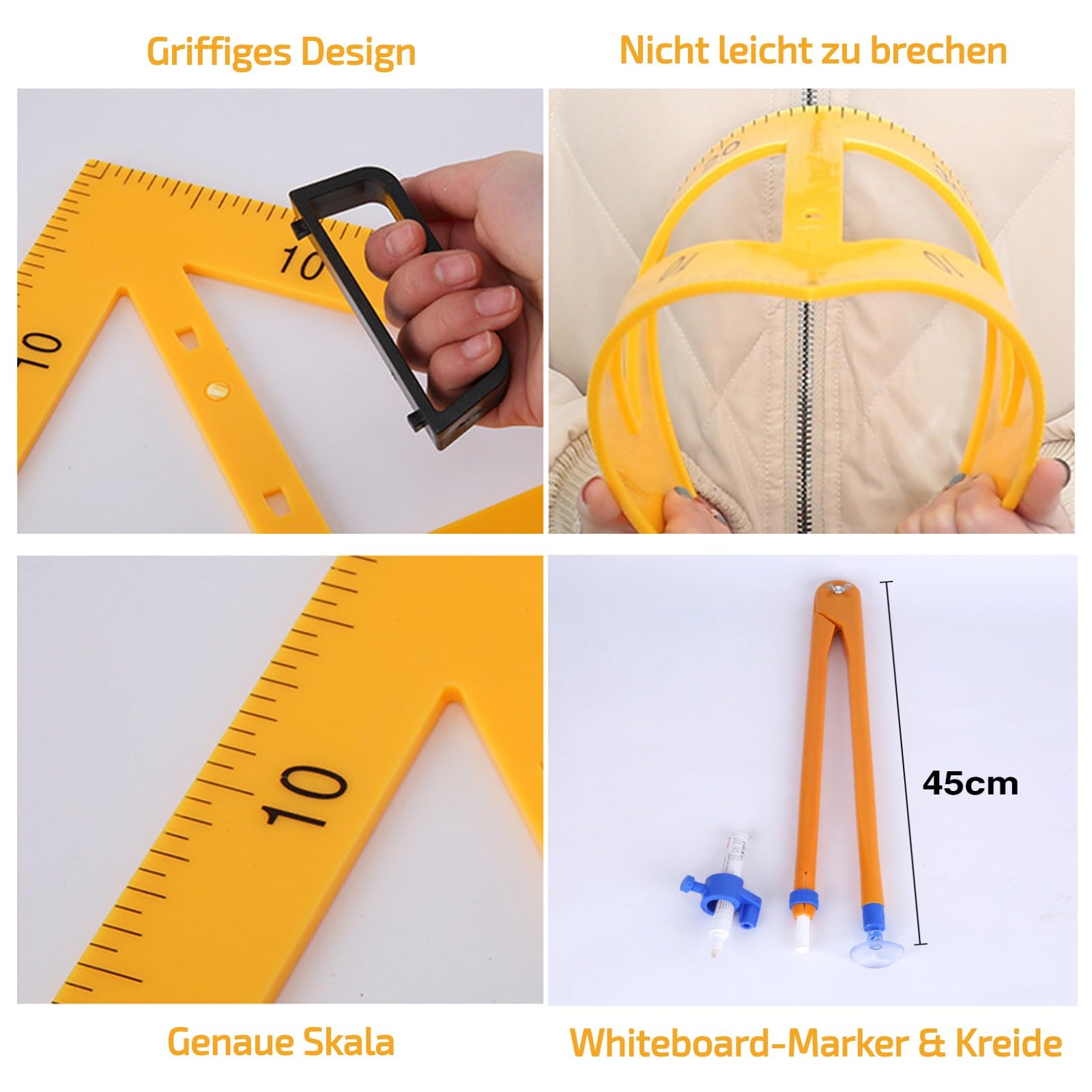 LOVIVER 4-teiliges großes Mathematik-Lineal, großes Dreieck, Kompass-Set, großes digitales Lehrmaterial für Tafel, Whiteboard, Bürozeichnungen