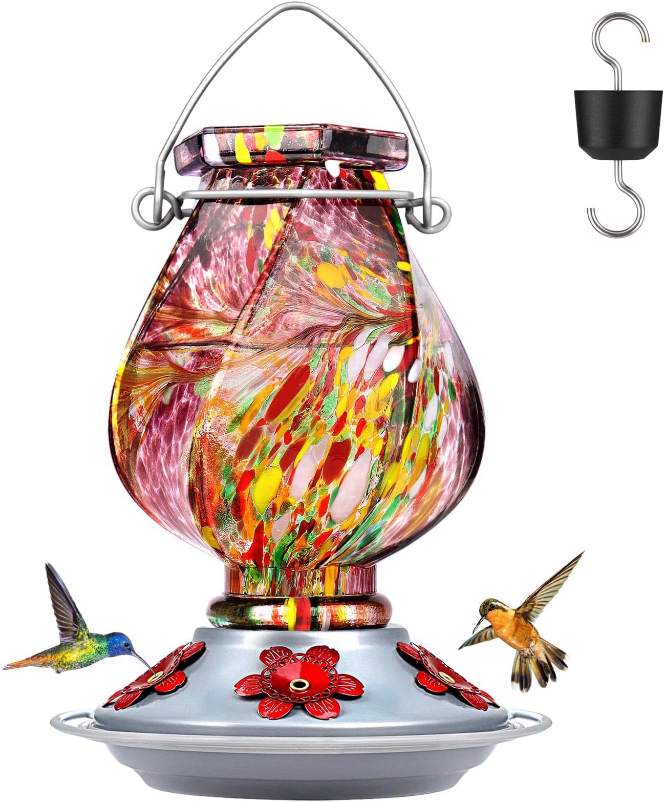 BOLITE Hummingbird Feeder, Hand Blown Glass Hummingbird Feeders for Outdoors Hanging with Ant Moat, 5 Bee-Proof Ports, Leak-Proof, 360° Perch, 22oz, Purple, Gifts for Women Men, Gifts for Mom Dad