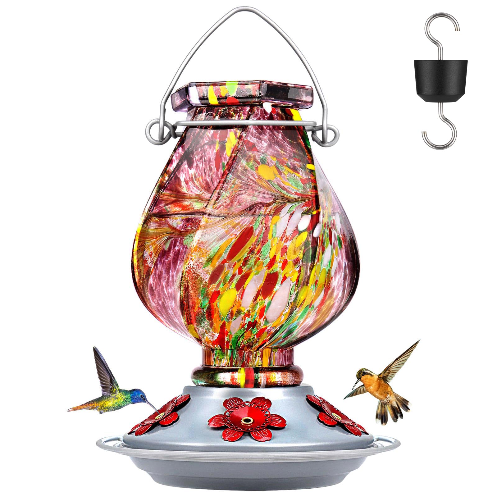 BOLITE Hummingbird Feeder, Hand Blown Glass Hummingbird Feeders for Outdoors Hanging, with Ant Moat and 5 Feeding Ports, 22 Ounces, Purple, Birthday Gifts for Women Men, Gifts for Mom Dad