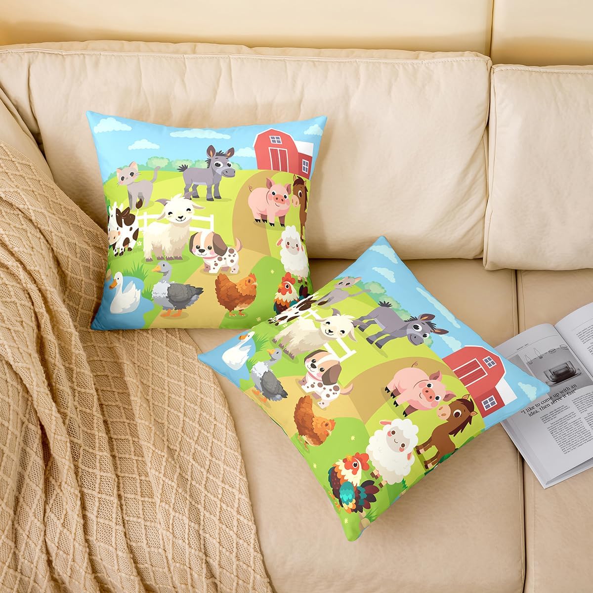 Feelyou Farm Animal Pillow Cases Cushion Covers Farm Nursery Decor Throw Pillow Covers 18"x18" Set of 4 Soft for Kids Rustic Farmhouse Decorative Throw Pillowcases Cute Cow Horse Green Cushion Cases