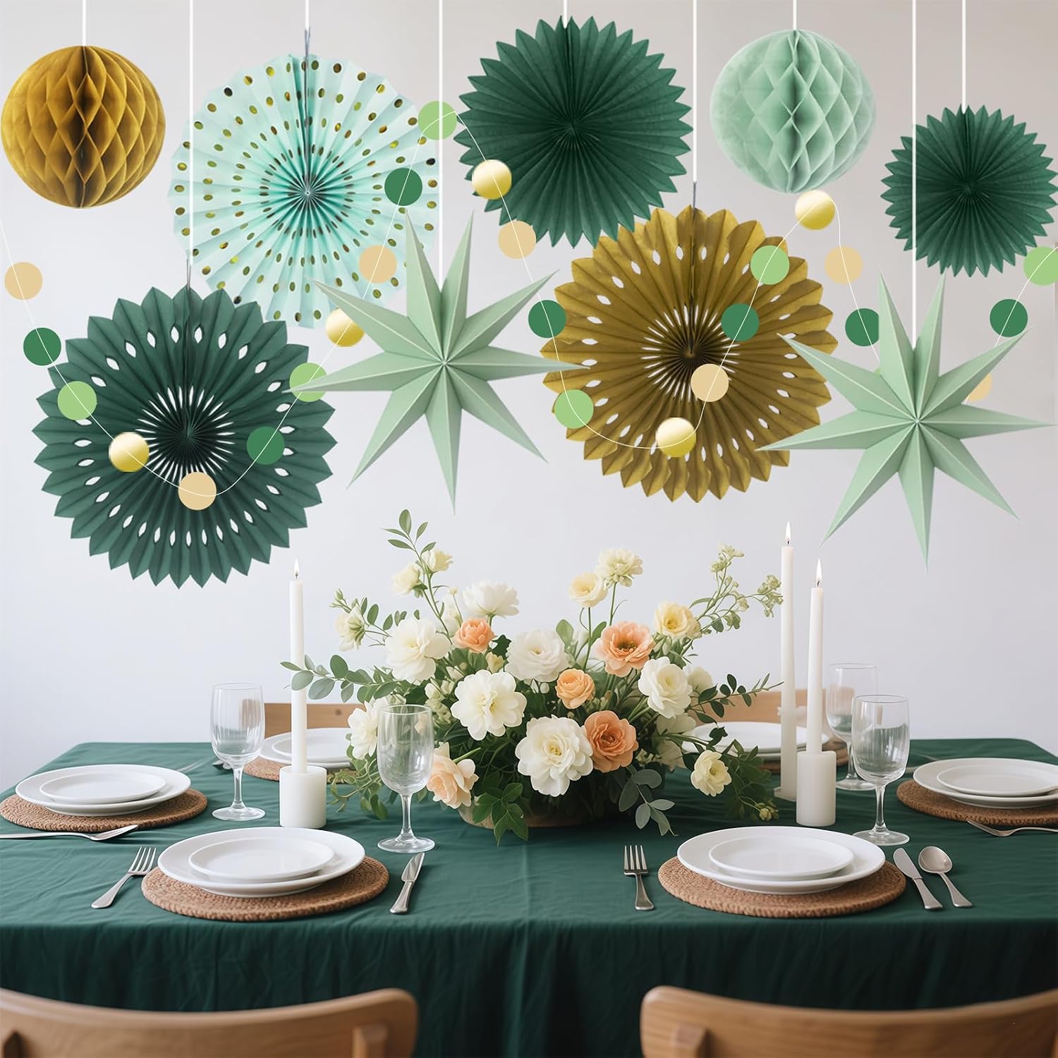 ADLKGG 10-Piece Sage Green Gold Party Decorations, Hanging Paper Fans | Honeycomb Balls, Stars & Garland for Birthday, Woodland Baby Shower, Bridal Shower, Wedding Photo Backdrop & Graduation