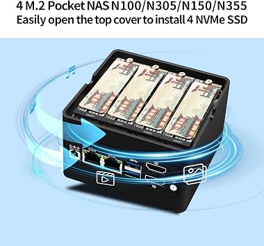 N355 Mini Pocket NAS Server 2 x i226V 2.5GbE LAN, 4 Bay Mini PC 4 x NVMe Slot, Micro Storage Device, DDR5 0GB RAM 0GB NVMe SSD, Dual 4K Display