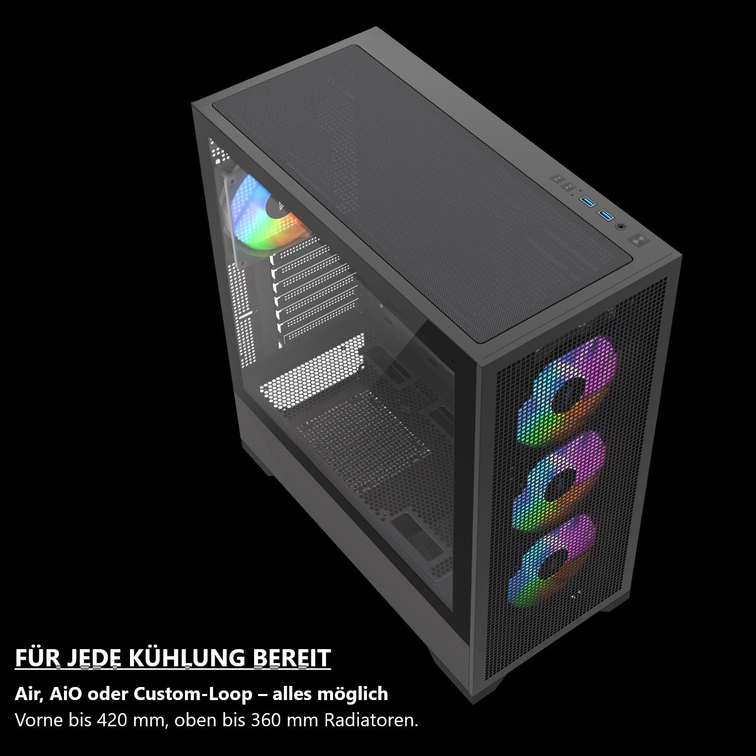 Core 100 A-RGB obudowa PC, ATX Mid-Tower, 4 x wentylator A-RGB PWM 120 mm, przód z siateczki, część boczna ze szkła hartowanego, czarna