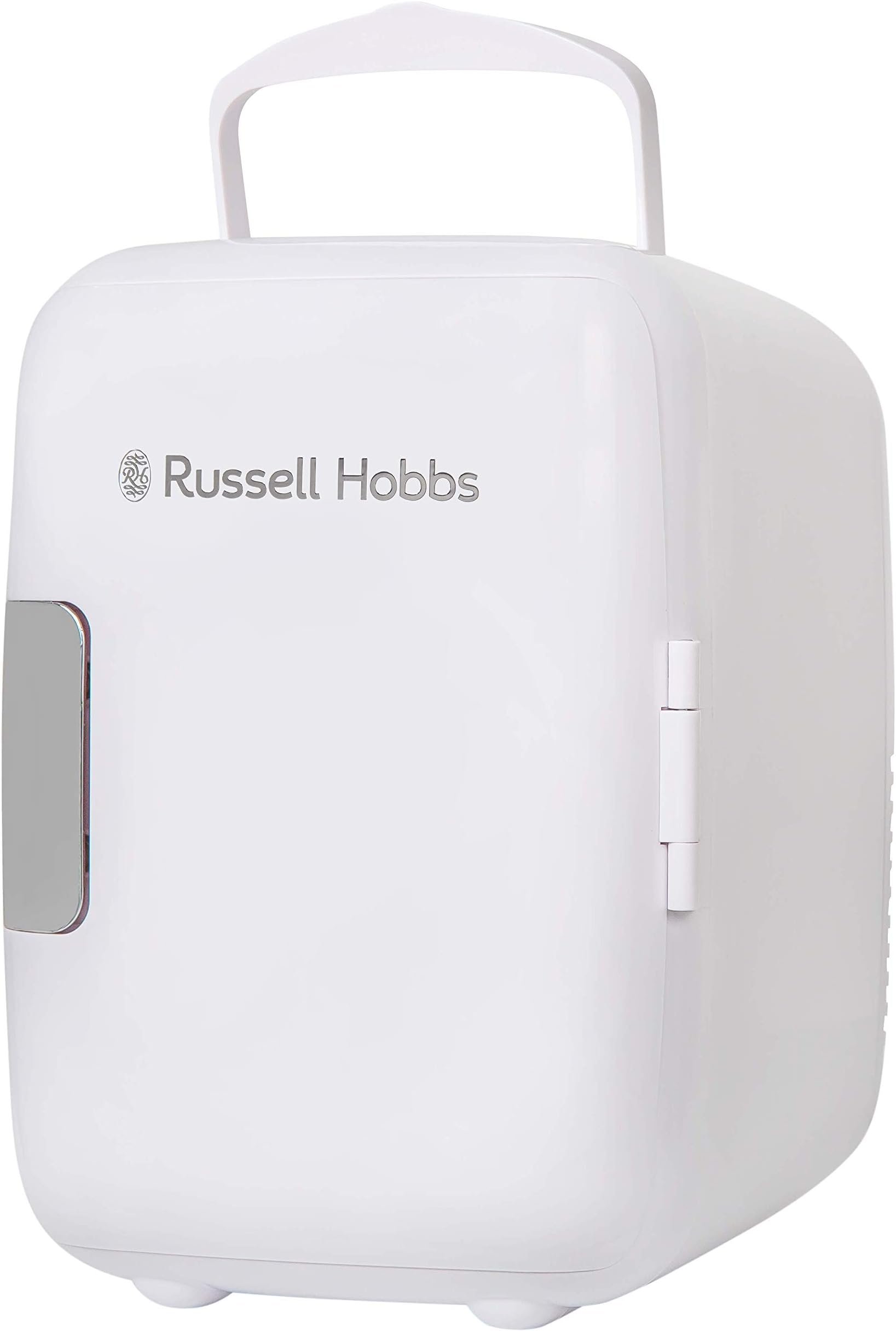 Russell Hobbs RH4CLR1001 4L/6 Can Portable Mini Cooler & Warmer for Drinks, Cosmetics/Makeup/Skincare, AC/DC Power, Retro Style, White, For Bedroom, Home, Caravan, Car