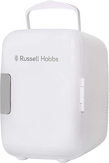 Russell Hobbs RH4CLR1001 4L/6 Can Portable Mini Cooler & Warmer for Drinks, Cosmetics/Makeup/Skincare, AC/DC Power, Retro Style, White, For Bedroom, Home, Caravan, Car