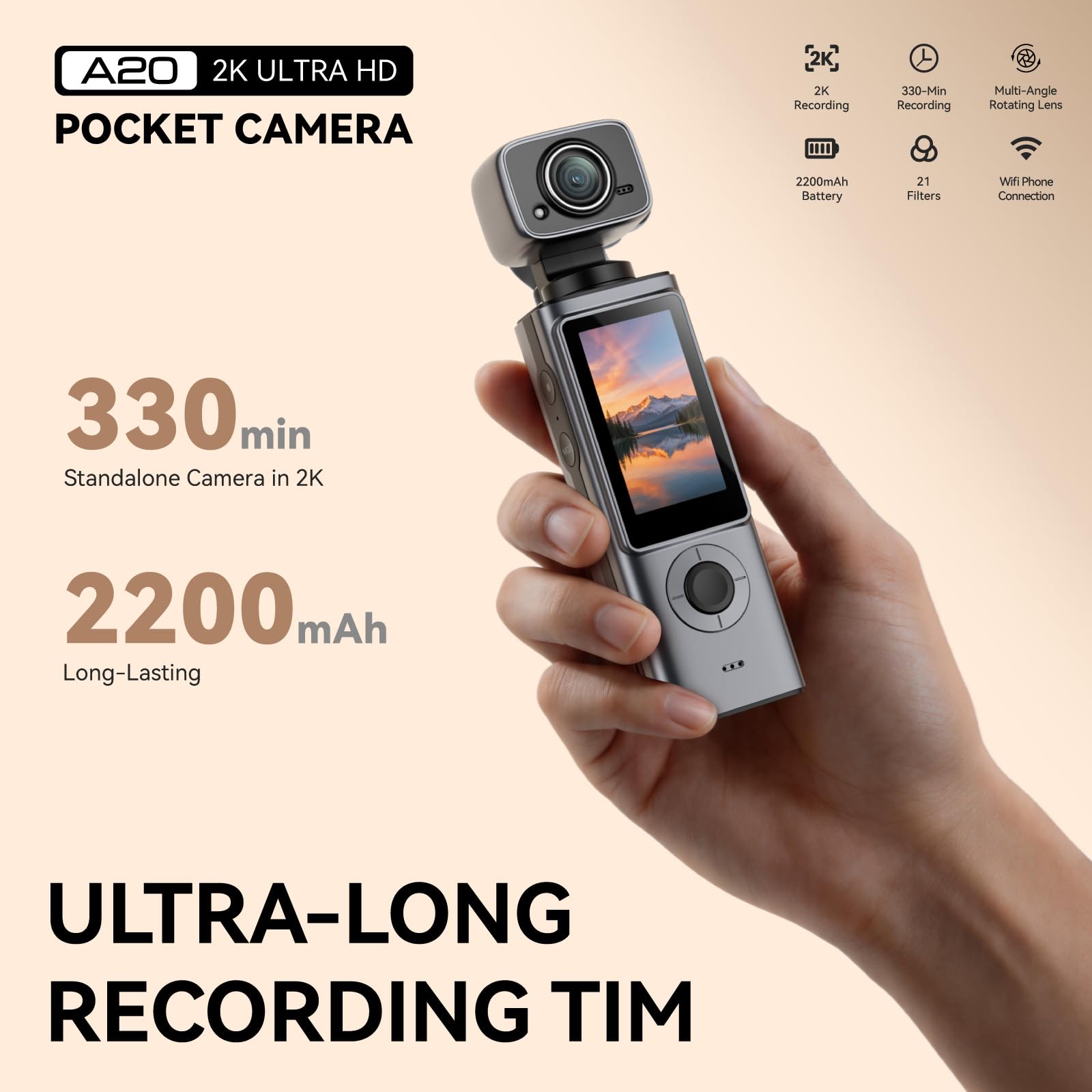 Appareil photo portable à écran de 4,8 cm avec poignée antidérapante, gris