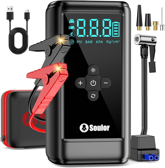 Démarreur de saut de batterie booster de voiture, 6000A Sauter avec Air Compresseur, Booster Pack avec 160PSI Gonflateur de pneus portatifs (tous gaz/1,4 L diesel), LED Lumière, EVA étui