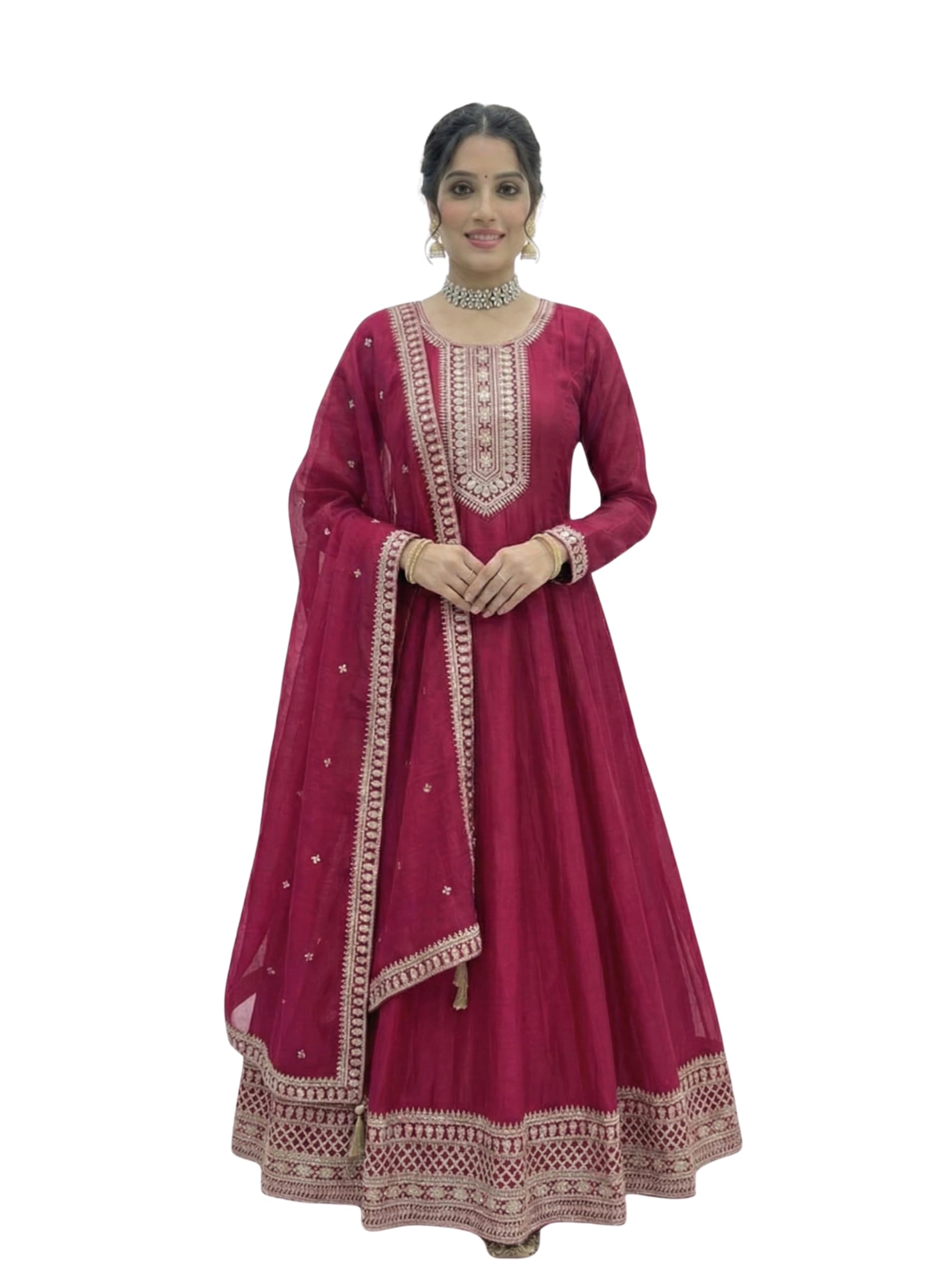 dearoz Dark Pink Vichitra Silk Anarkali Gown Set with Dupatta | Heavy Embroidery Sequence Work | Fully Flared Kali Pattern | Ready to Wear Ethnic Dress for Women-picture-42