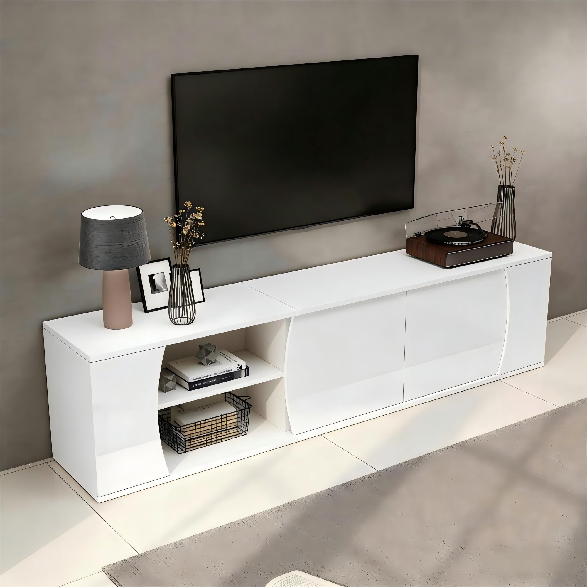 BTM 180x40x45cm TV-Schrank, lowboard Mit 3 Schranktüren, Schrank aus gehärtetem Glas,Hochwertiger Entertainment-TV-Schrank mit LEDs,Stand-TV-Ständer, geeignet für 80-Zoll-Fernseher