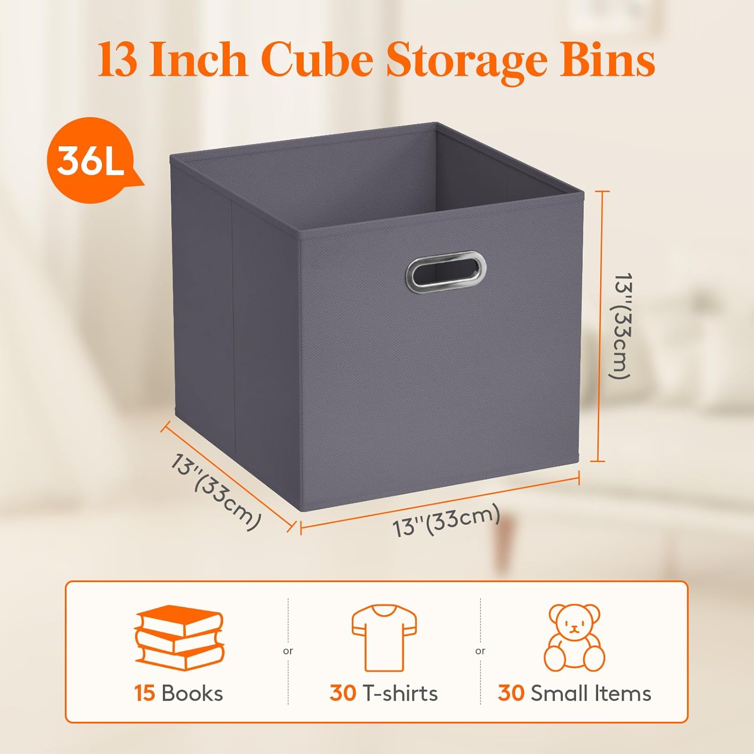 Lifewit 13 Inch Cube Storage Bins, 6 Packs Cube Storage Organizer, Foldable Decorative Fabric Storage Baskets for Organizing Home Organizers with Metal Handles for Shelves, Closet, 36L Gray