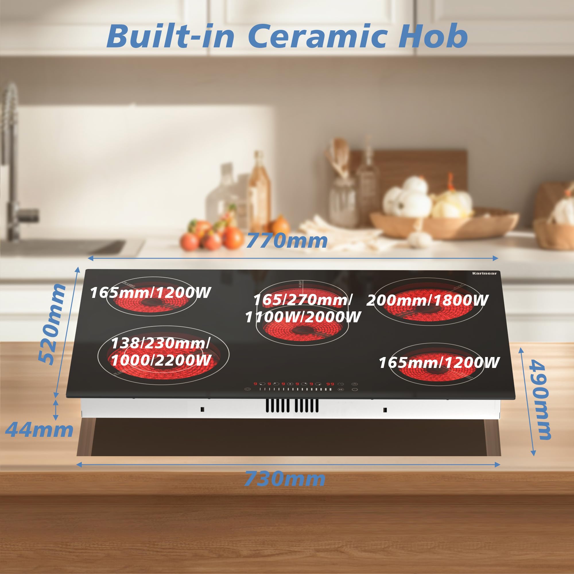 Karinear Ceramic Hob, 5 Zone Ceramic Hob 77cm Built-in Electric Hob, 8400W Power with Oval Zones for Barbecue Tray, Touch Control, Child Lock, Timer, Pause — view 6